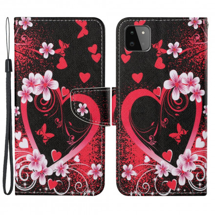 Housse Samsung Galaxy A22 5G Fleurs et Coeurs avec Lanière Housse Samsung Galaxy A22 5G Fleurs et Coeurs avec Lanière