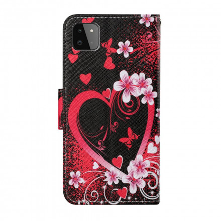 Housse Samsung Galaxy A22 5G Fleurs et Coeurs avec Lanière Housse Samsung Galaxy A22 5G Fleurs et Coeurs avec Lanière