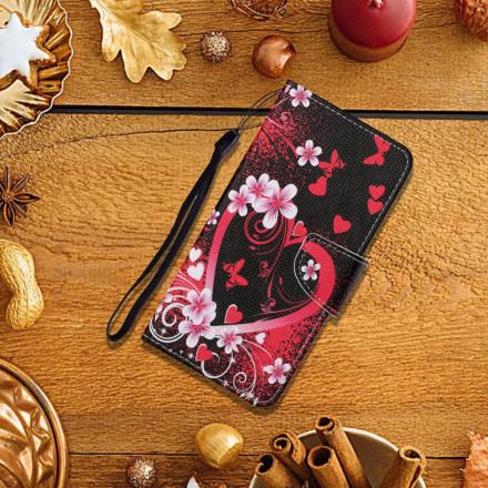 Housse Samsung Galaxy A22 5G Fleurs et Coeurs avec Lanière Housse Samsung Galaxy A22 5G Fleurs et Coeurs avec Lanière