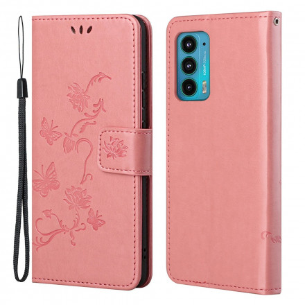 Housse Motorola Edge 20 Papillons et Fleurs à Lanière