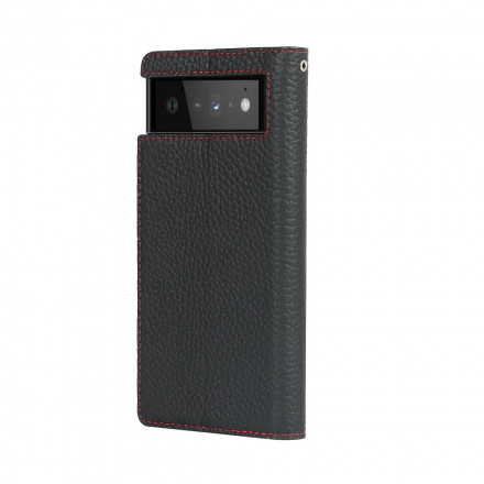 Flip Cover Google Pixel 6 Cuir Litchi Véritable à Lanière