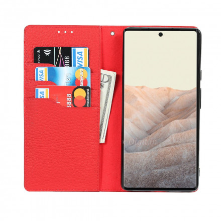 Flip Cover Google Pixel 6 Cuir Litchi Véritable à Lanière