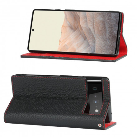 Flip Cover Google Pixel 6 Cuir Litchi Véritable à Lanière
