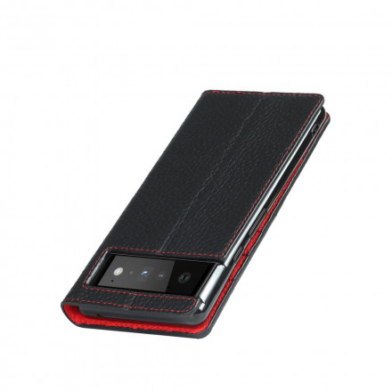 Flip Cover Google Pixel 6 Cuir Litchi Véritable à Lanière