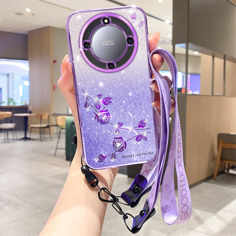 Coque Honor Magic 5 Lite 5G / X9a Strass et Motif Floral à Lanière KADEM