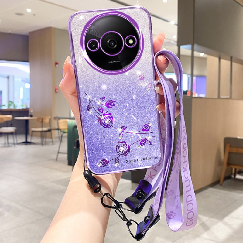 Coque Xiaomi Redmi A3 / Poco C61 Fleurs et Strass  à Lanière KADEM