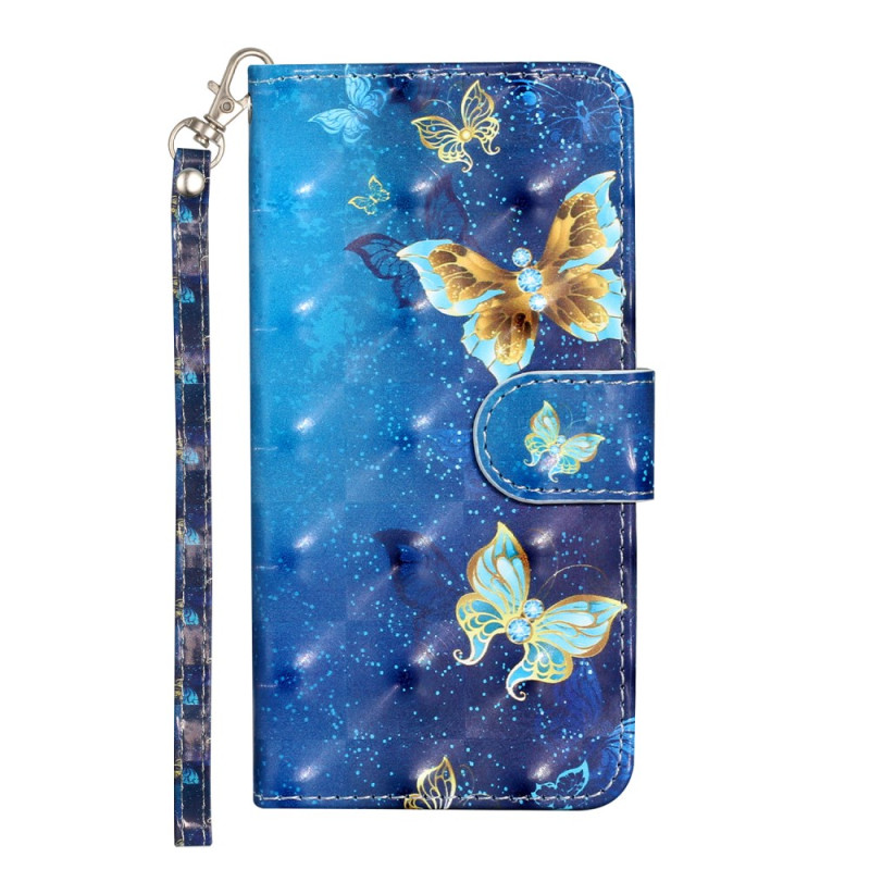 Housse Xiaomi Redmi 14C / Poco C75 Papillons Bleus et Dorés à Lanière