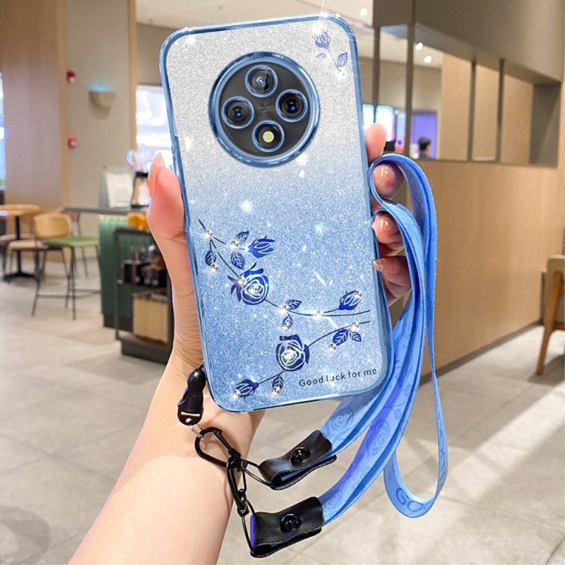 Coque Xiaomi Redmi 14C / Poco C75 Fleurs et Strass à Lanière KADEM