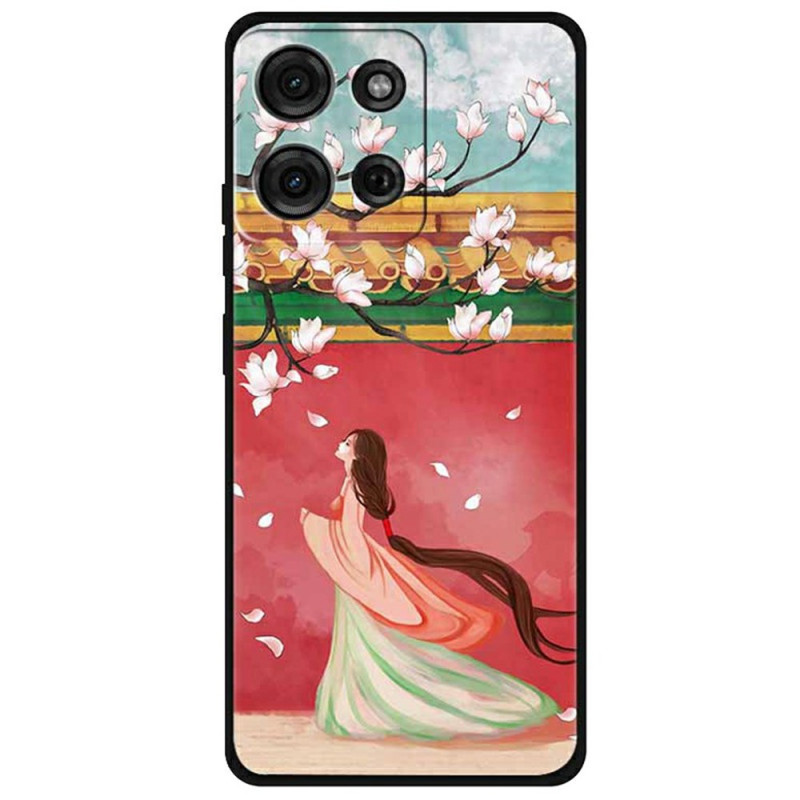 Coque Moto G75 5G Femme et Fleurs de Pêcher