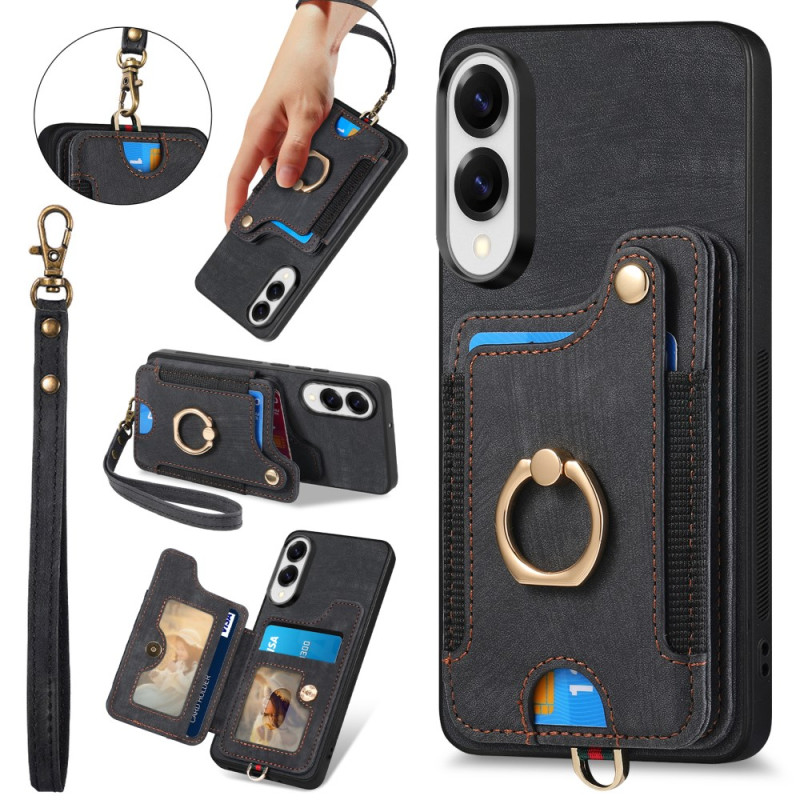 Coque Samsung Galaxy S25 Edge Porte-Cartes RFID Rétro et Lanière