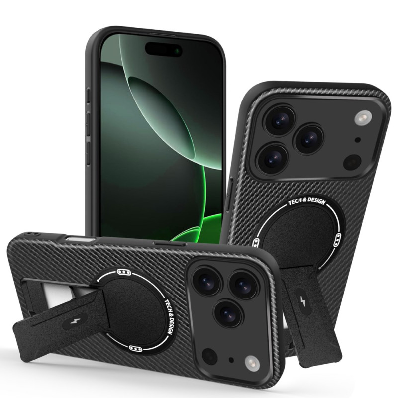 Coque iPhone 17 Pro Max Texture Fibre Carbone avec Béquille