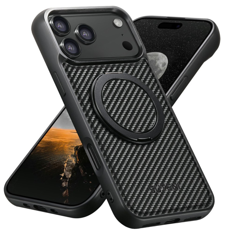 Coque iPhone 17 Pro Support Rotatif et Texture Fibre de Carbone