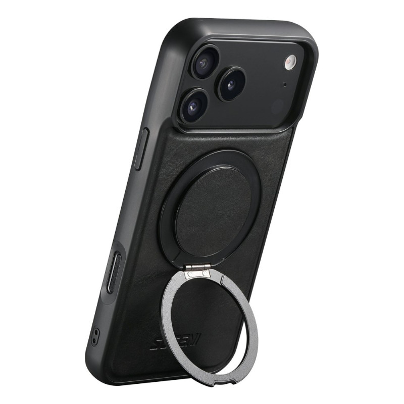 Coque iPhone 17 Pro Compatible MagSafe Effet Cuir Ciré avec Support Rotatif