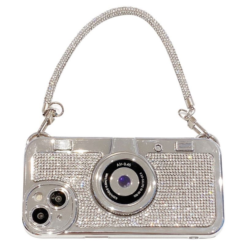 Coque iPhone 15 Appareil Photo avec Décoration en Strass et Chaîne