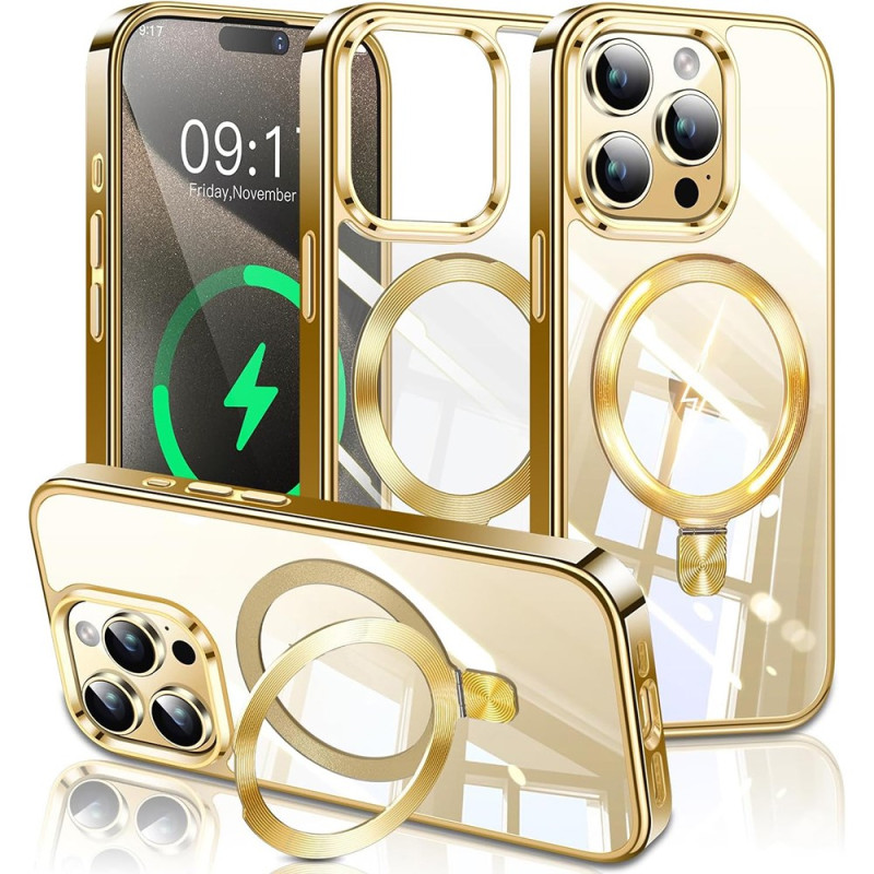 Coque iPhone 15 Pro Max Magnétique avec Support et Bordures Effet Métal