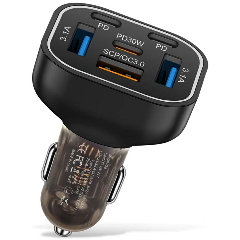 Chargeur Voiture 63W 6 Ports USB/PD LED Colorée