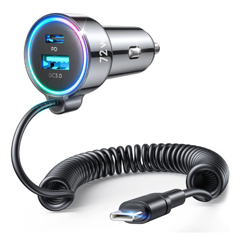 Chargeur Voiture 72W 3-en-1 Câble USB-C Rétractable JOYROOM