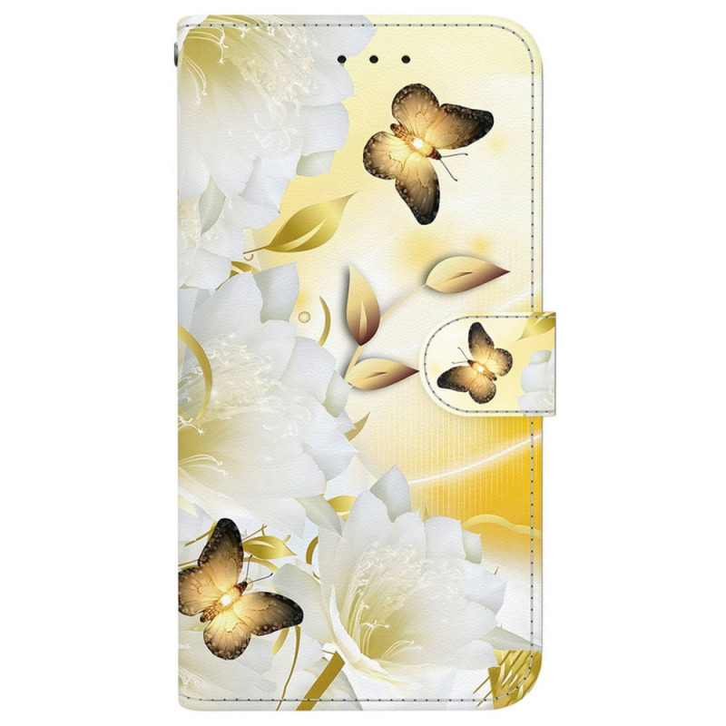 Housse Xiaomi Redmi Note 15 5G Papillons Dorés et Fleurs Blanches