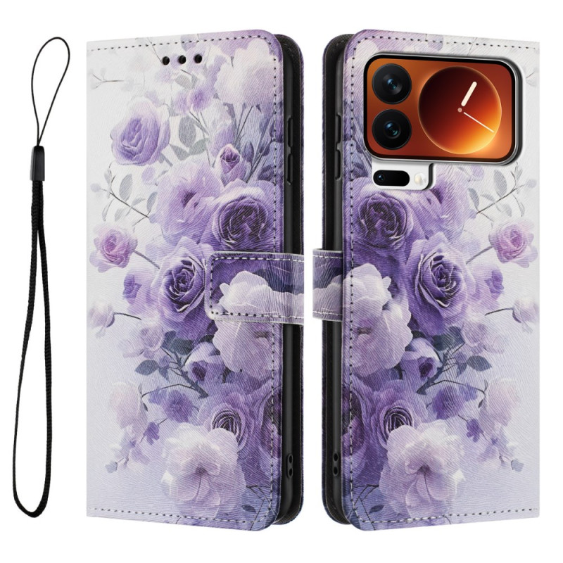 Étui Portefeuille à Rabat pour Xiaomi 17 Pro Max - Motif Rose Violette avec Dragonne
