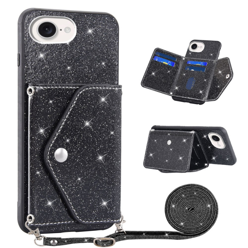 Coque iPhone 17E / 16E Porte-Cartes Paillettes et Bandoulière