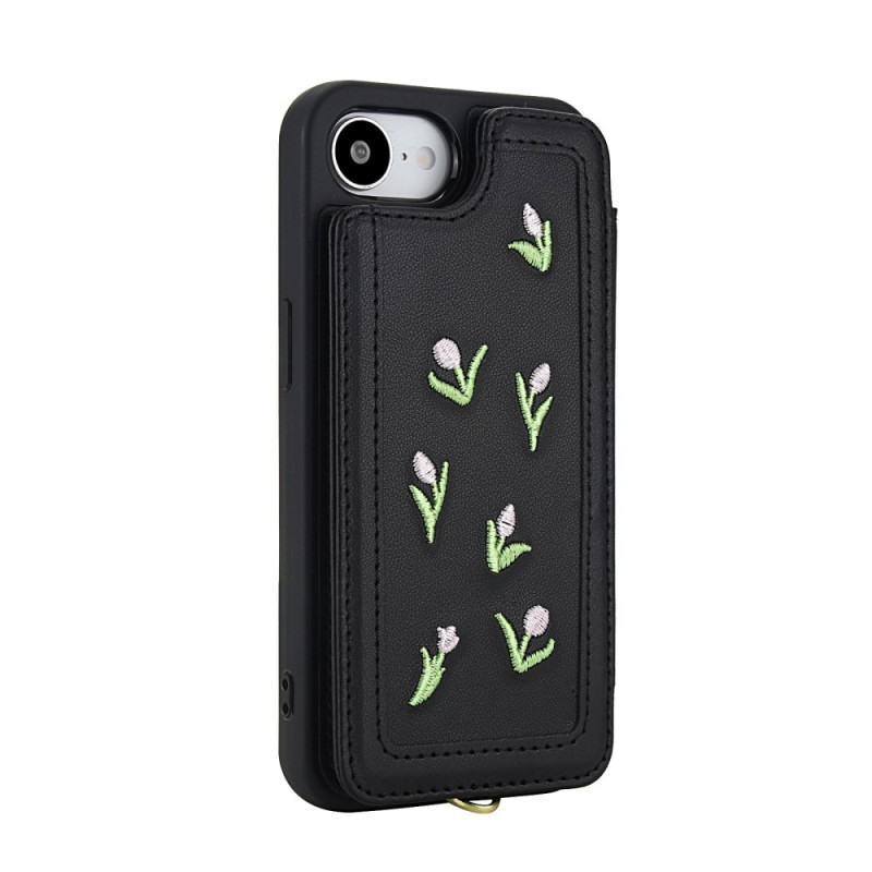 Coque iPhone 17E / 16E Tulipes Brodées et Porte-Cartes