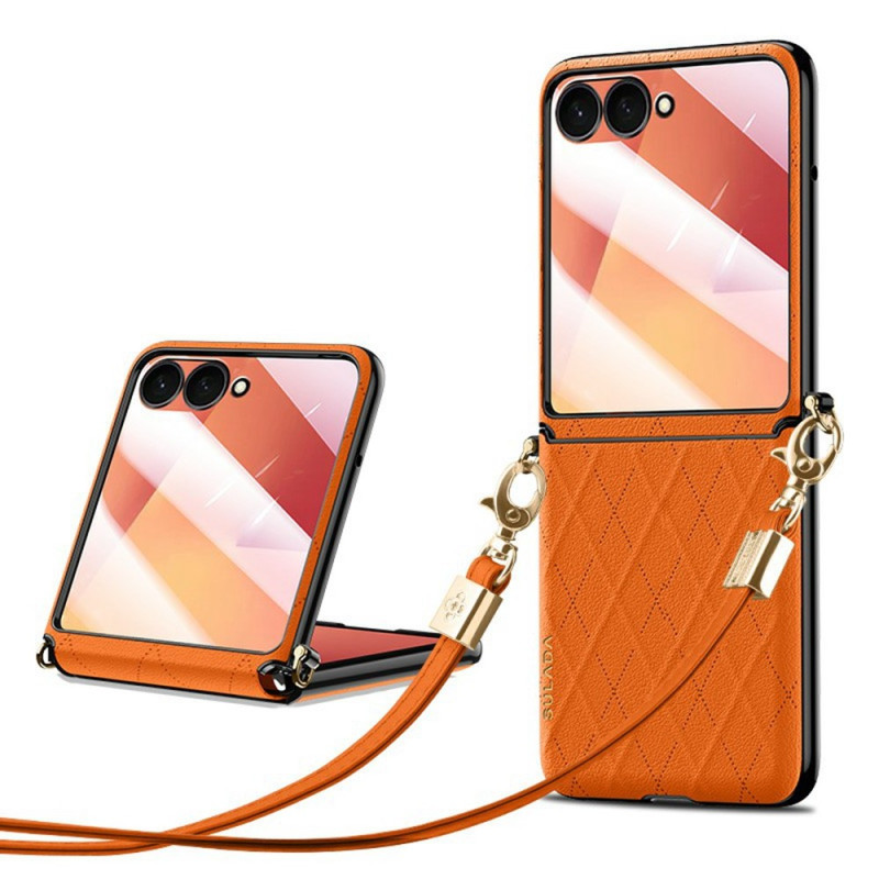 Coque Samsung Galaxy Z Flip 8 Effet Cuir Losange avec Bandoulière