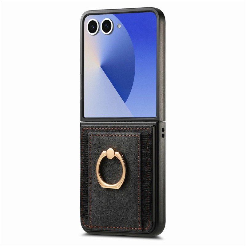 Coque Samsung Galaxy Z Flip 8 Rétro Effet Cuir avec Porte-Carte et Anneau Support