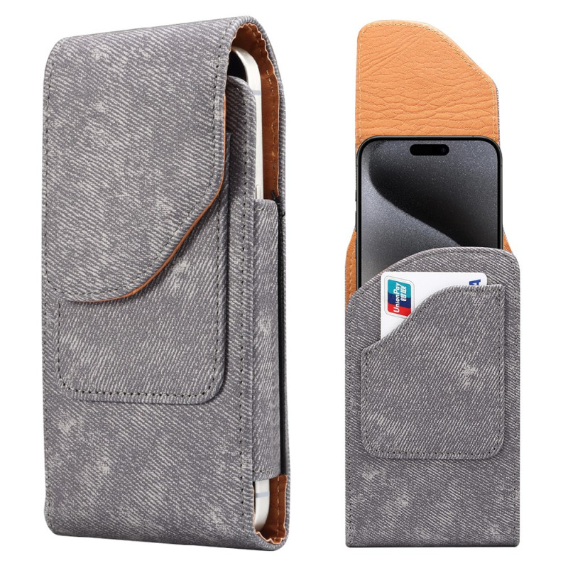 Étui Ceinture Universel Aspect Jean en Cuir PU pour Smartphone 6,7 à 6,9 pouces avec Porte-Cartes