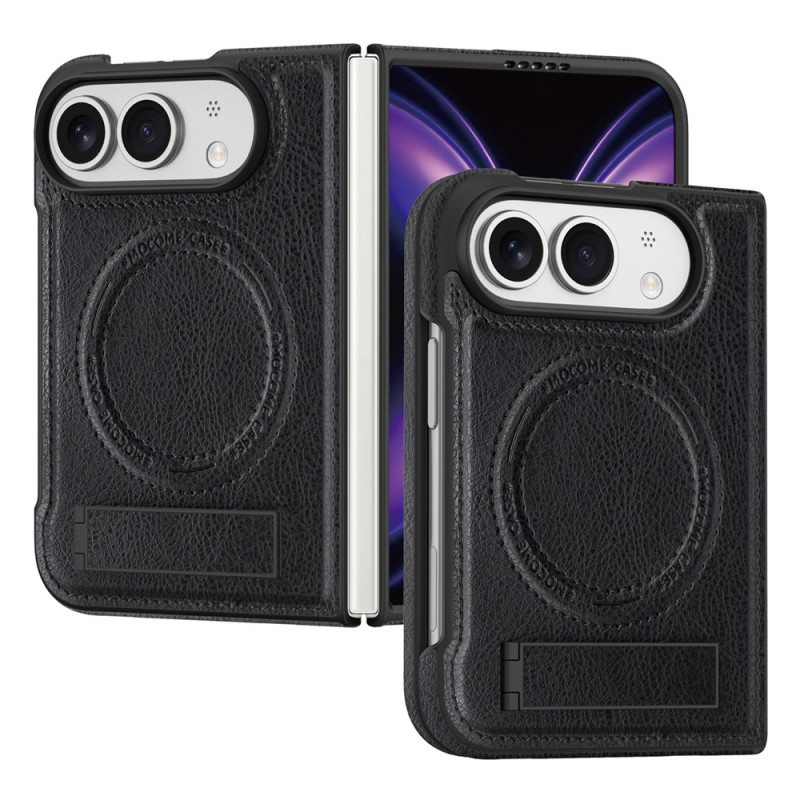 Coque iPhone Duo Magnétique Effet Cuir avec Support Métallique