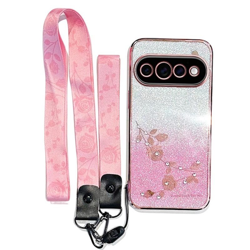 Coque Google Pixel 11 Pro XL Fleurs et Strass à Lanière KADEM