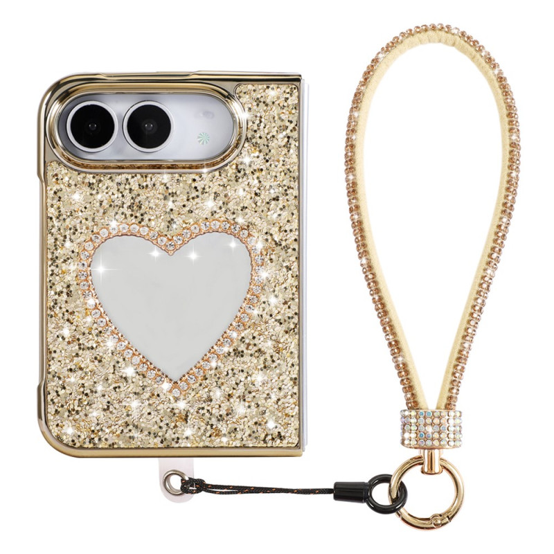 Coque iPhone Duo Pailletée avec Miroir Cœur et Dragonne Strass