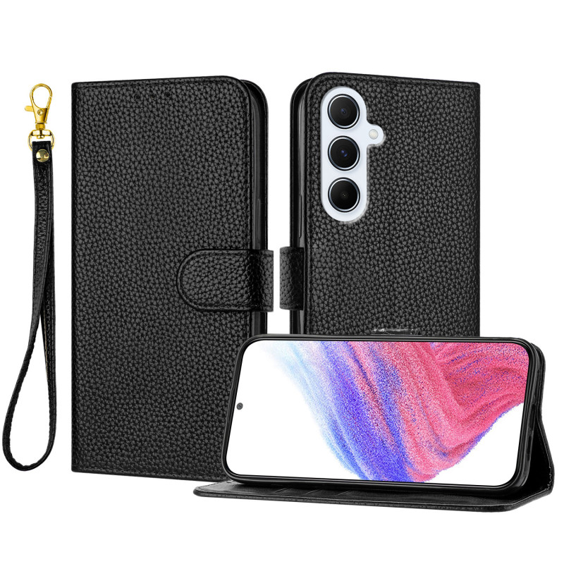 Housse Samsung Galaxy A18 4G / A17 4G / 5G Portefeuille Grain Litchi avec Dragonne