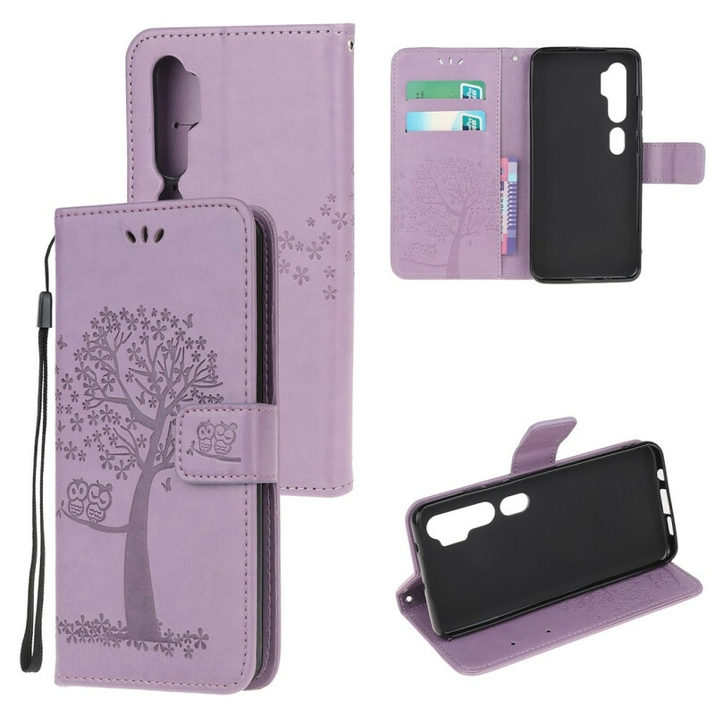 Housse Xiaomi Mi Note 10 Arbre et Hiboux à Lanière