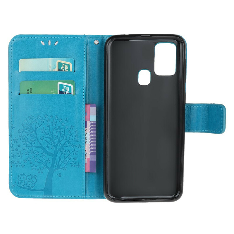 Housse Samsung Galaxy A21s Arbre et Hiboux à Lanière