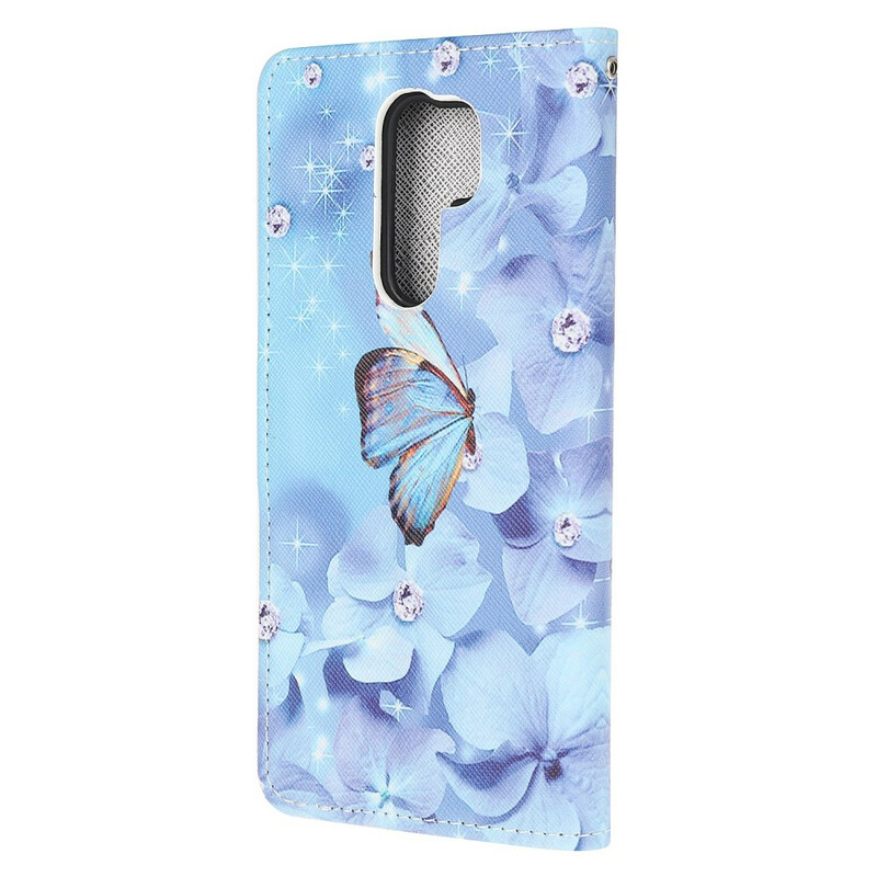 Housse Xiaomi Redmi 9 Papillons Diamants à Lanière