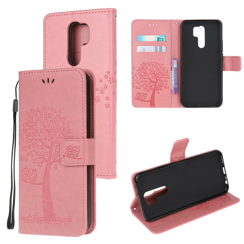 Housse Xiaomi Redmi 9 Arbre et Hiboux à Lanière