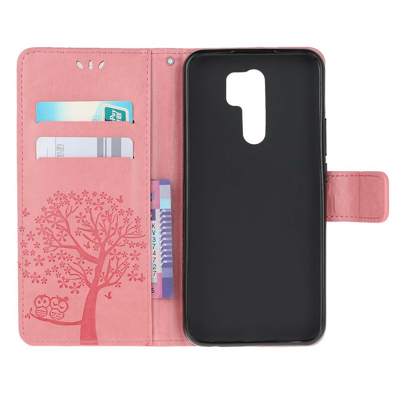 Housse Xiaomi Redmi 9 Arbre et Hiboux à Lanière