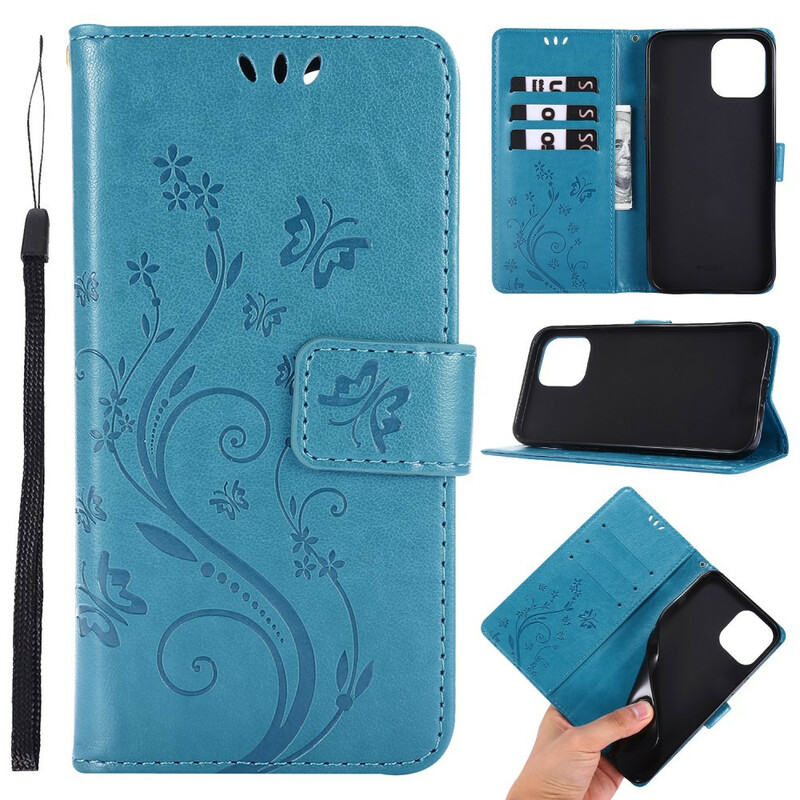 Housse iPhone 12 Pro Max Papillons et Fleurs Lanière