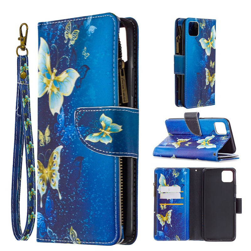 Housse Realme C11 Poche Zippée Papillons Dorés