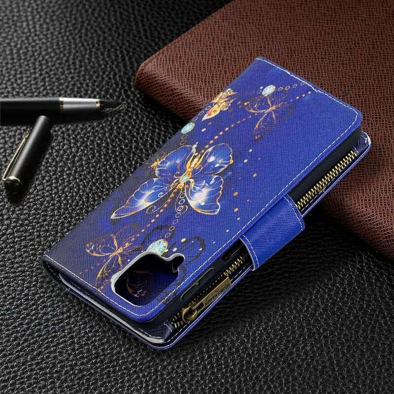 Housse Samsung Galaxy A12 Poche Zippée Papillons