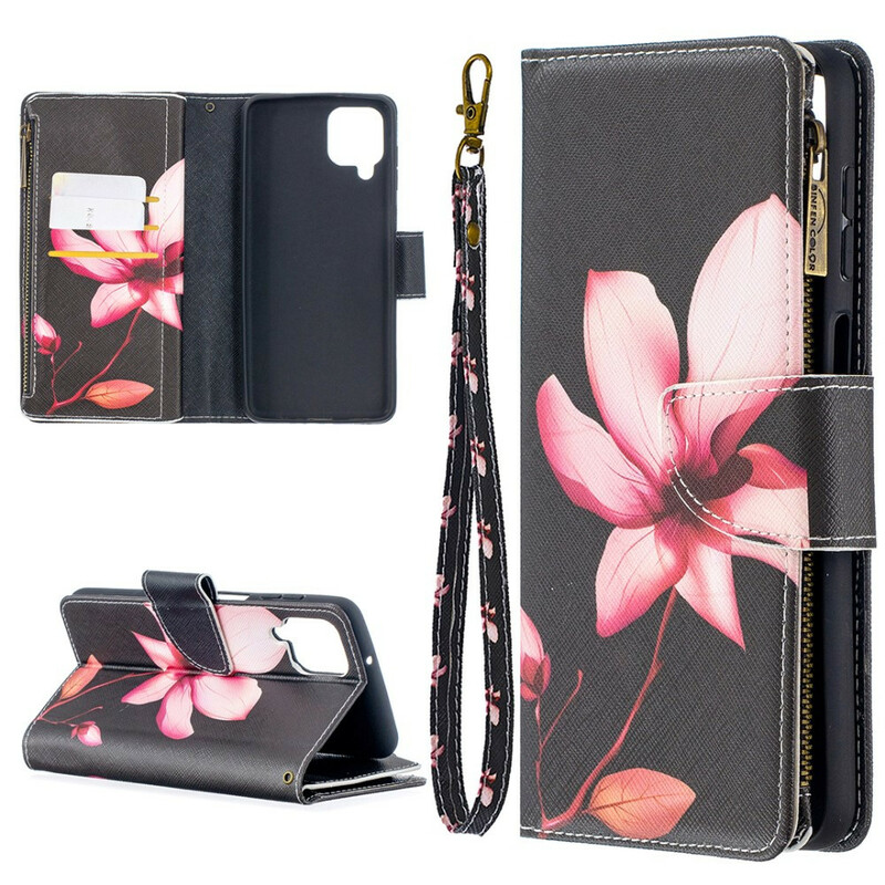 Housse Samsung Galaxy A12 Poche Zippée Fleur Housse Samsung Galaxy A12 Poche Zippée Fleur
