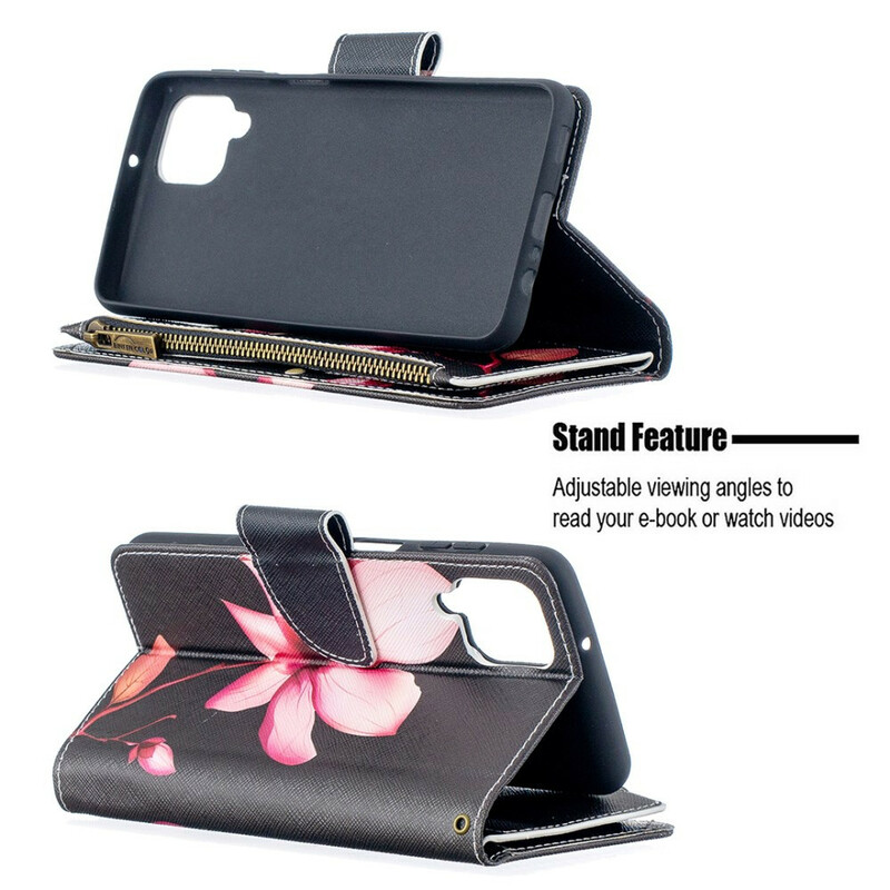 Housse Samsung Galaxy A12 Poche Zippée Fleur Housse Samsung Galaxy A12 Poche Zippée Fleur