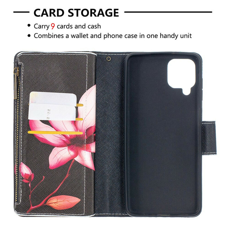 Housse Samsung Galaxy A12 Poche Zippée Fleur Housse Samsung Galaxy A12 Poche Zippée Fleur