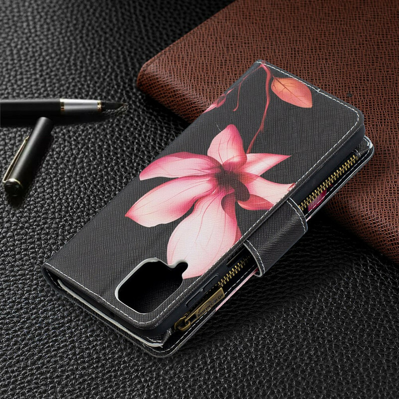 Housse Samsung Galaxy A12 Poche Zippée Fleur Housse Samsung Galaxy A12 Poche Zippée Fleur